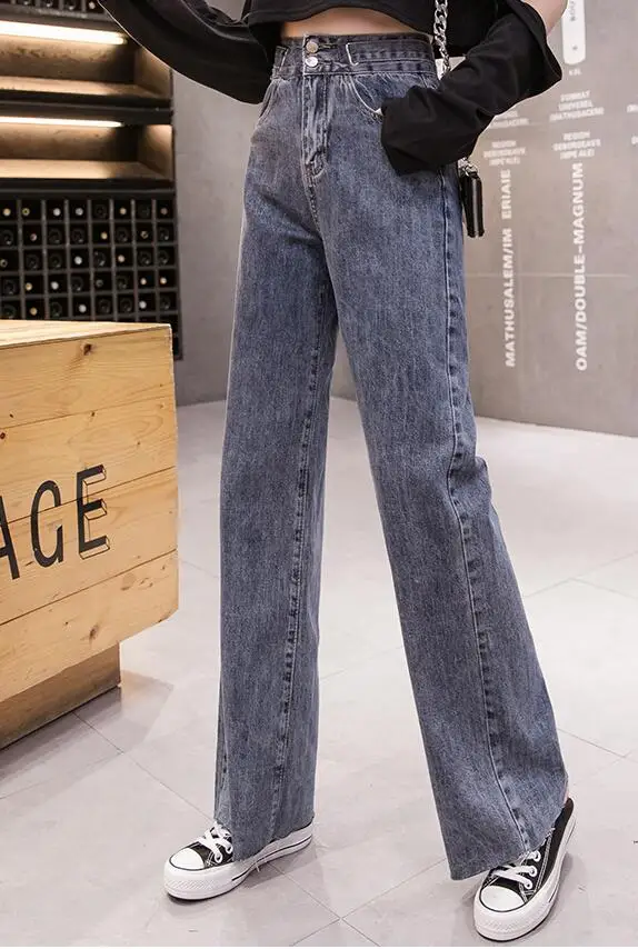 blue grey Осенние новые корейские прямые джинсы с высокой талией, свободные широкие женские брюки - Цвет: blue grey