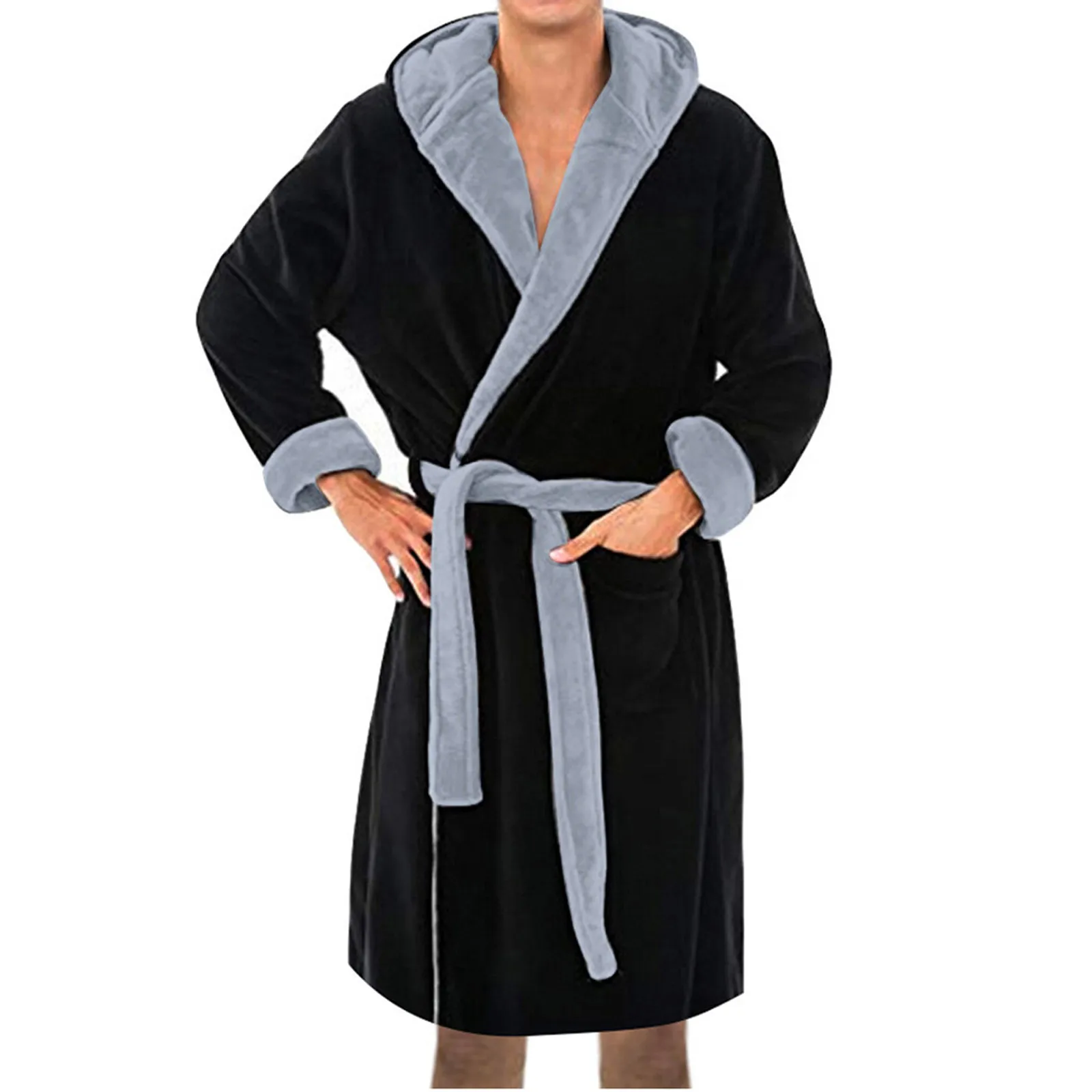 MenThermalLongBathrobeWarmLengthenedPlushShawlKimonoBathRobe