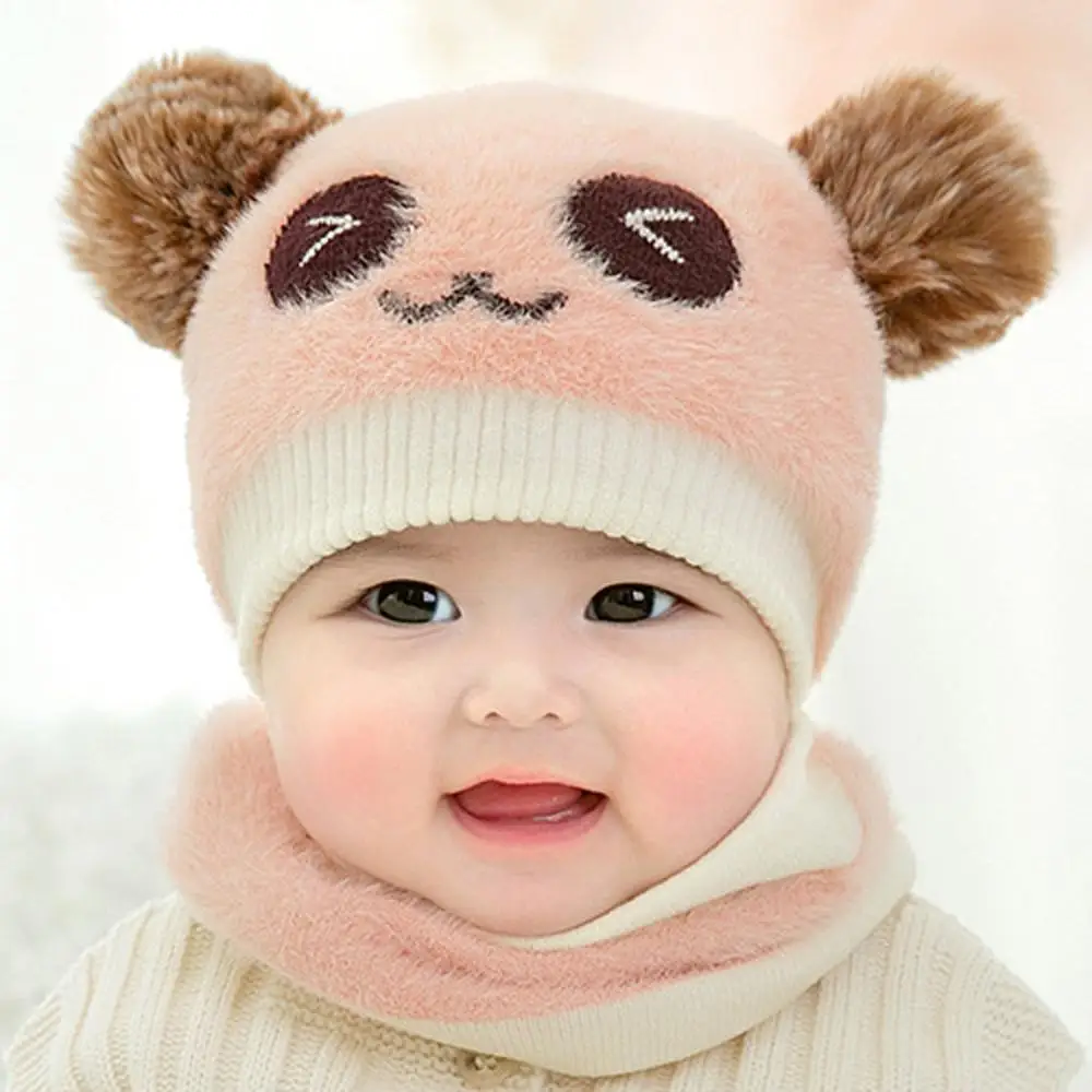 Зимняя детская теплая шапка, детский мультяшный медведь с ушками для мальчиков и девочек, милая мягкая шапка+ шарф, комплект из двух предметов, шляпа - Цвет: pink