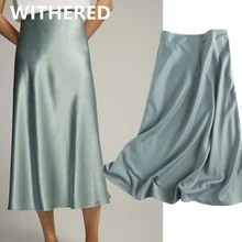 Withered Summer Faldas Mujer Moda 2021 Midi Skirts Womens England Office Lady Satin High Waist Simple Elegant Long Skirt Women