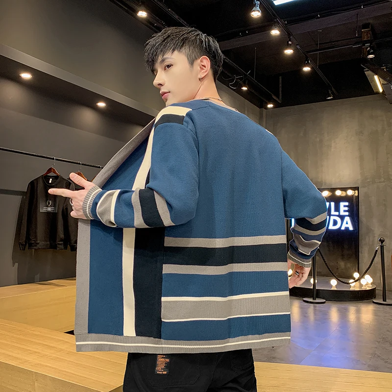 

New Fashion Colored Striped Sweater Men knit 2020 Autumn Korean Slim Fit Casual Cardigan Mens Streetwear Knitted Pull Homme