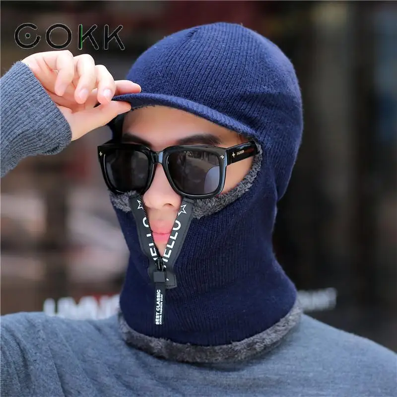 

COKK 2019 New Winter Hats For Men Plus Velvet Thick Warm Beanie Bonnet Motorcycle Windproof Womens Hats With Mask Zipper Adjust