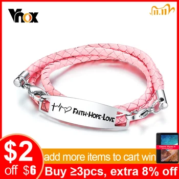 

Vnox Free Customize Stainless Steel ID Bracelets for Women Pink Braided Leather Female Jewelry Personalized Gift