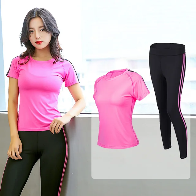 Rose red 2Pcs set Для женщин Набор для йоги комплекты тренажерный зал Фитнес одежда спортивная футболка для бега длинные штаны, облегающие, для пробежки тренировки Леггинсы для йоги спортивные костюм - Цвет: Rose red 2Pcs set