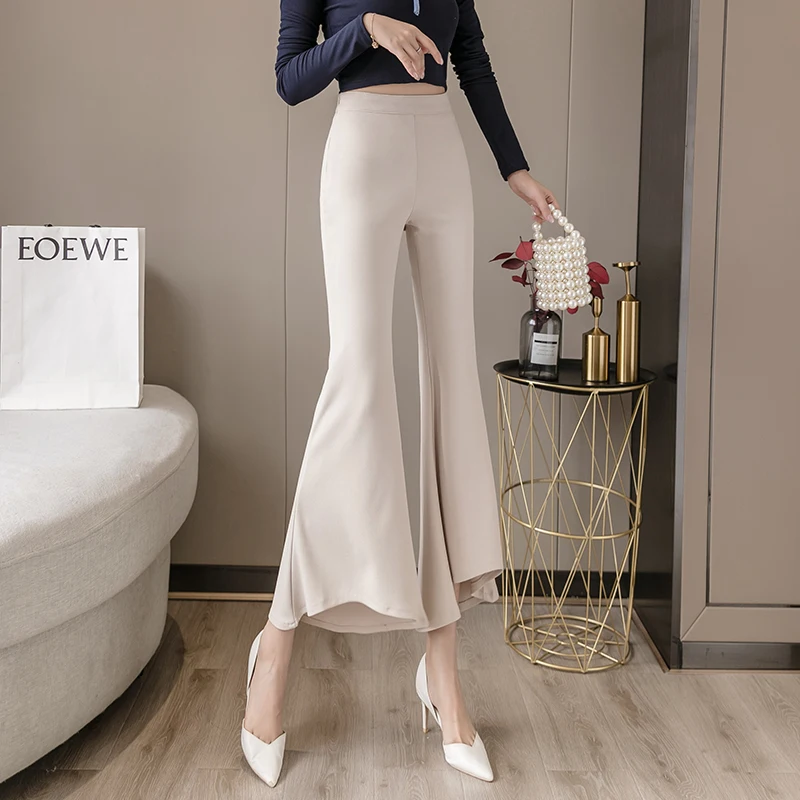 Harajuku Pants Clothing Women Solid Irregular Microprojectile Capri Flare Pants Office Fashion Beige Black Woman Pants 358A Harajuku Pants Clothing Women Solid Irregular Microprojectile Capri Flare Pants Office Fashion Beige Black Woman Pants 358A