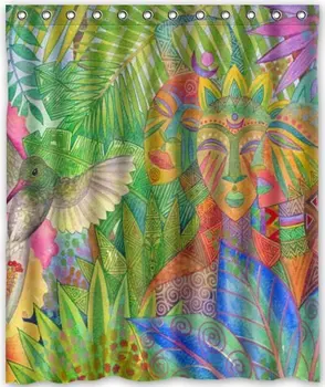 

African Forest Abstract Design Leaf Woman Theme and Hummingbird Print Home Decor Shower Curtain Sets with Hooks Polyester Fabric