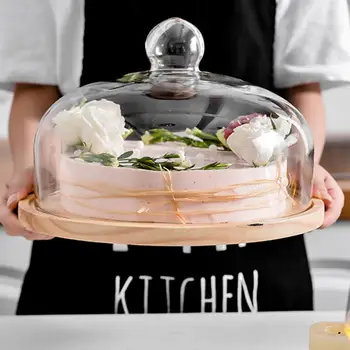 

Cake Plate With Glass Dome Wood Cake Tray With Cover For Home Kitchen Baking Acacia Wood Wedding Party Supplier Tools