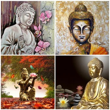 

HUACAN Full Square Diamond Painting 5D Buddha Round Diamond Art Embroidery Religion Kitchen Decor Mosaic Handmade