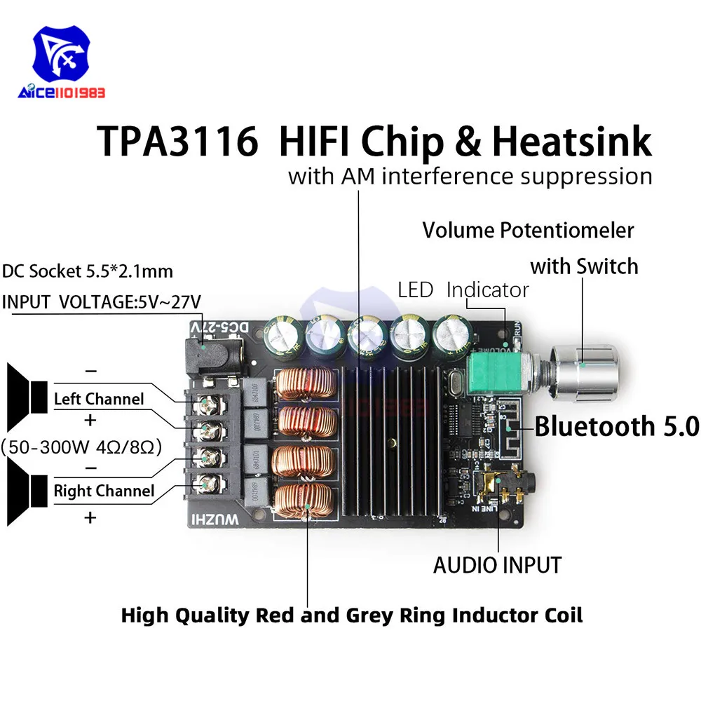 Diymore TPA3116 двухканальный Bluetooth 5,0 цифровой усилитель доска 100Wx2 DC8-24V 2-в-1 уровня Hi-Fi с фильтром аудио усилитель доска