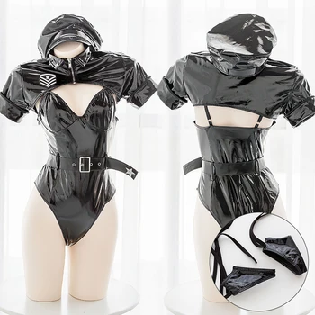 

Lolita Uniform Policewoman Series Patent Leather Tight Bodysuits Japanese Cosplay Sexy Women's lingerie sets Costume With Hat