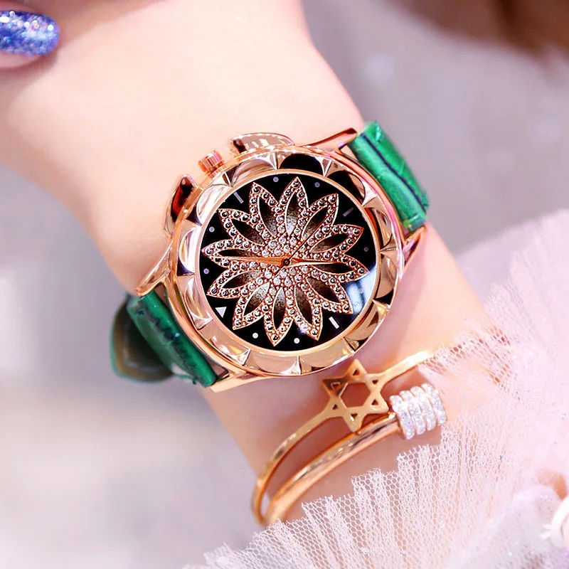 Женские часы из розового золота люксовый бренд цветы часы с циферблатом, наручные часы женские модные повседневные кварцевые часы Relogio Feminino - Цвет: big dial green