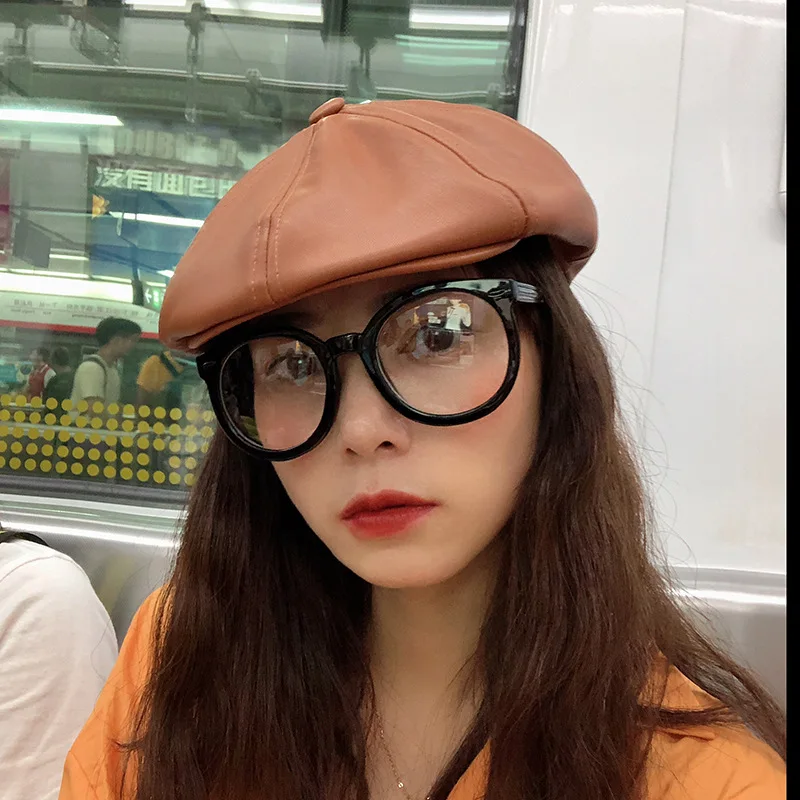 

Hat Women's INS Online Celebrity Pu Hide Substance England Street Retro Octagonal Cap Korean-style Fashion All-match Beret Autum