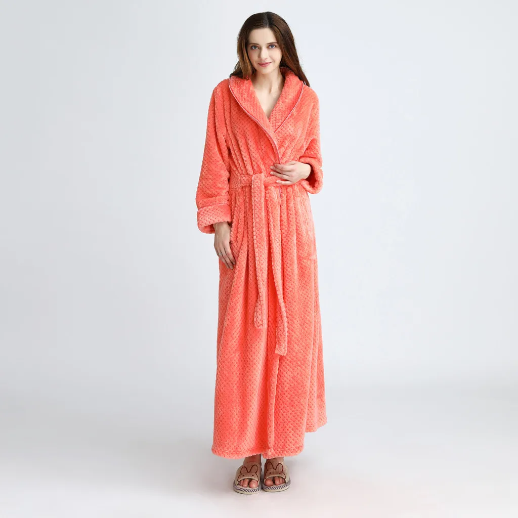 Women Orange Женское зимнее плотное теплое Коралловое кимоно из рунной шерсти, халат, халат, платье для влюбленных, юката, ночное белье, пижама, одежда для сна размера плюс - Цвет: Women Orange