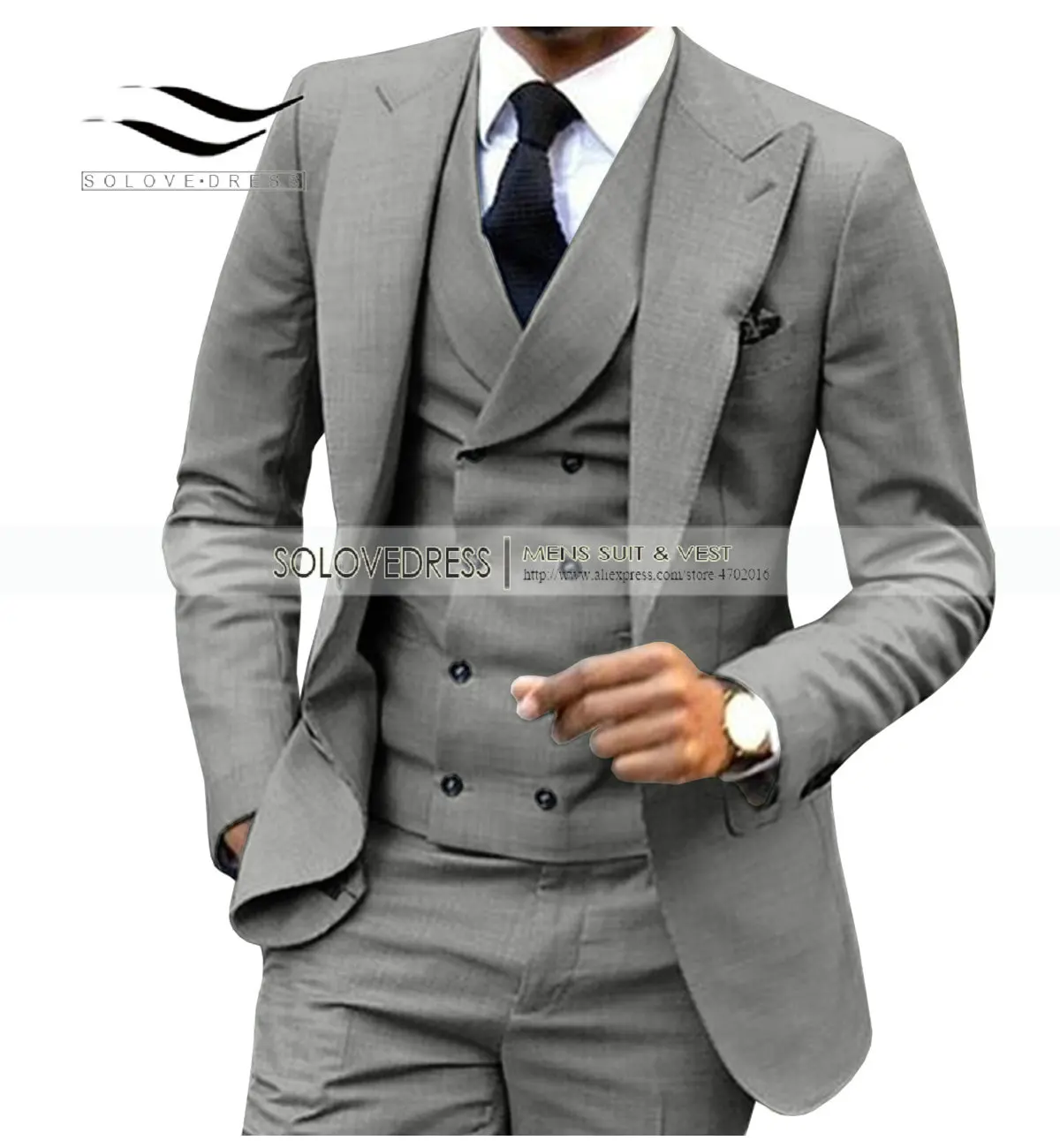 Grey Solovedress 3 шт. мужской деловой костюм одежда смокинг Slim Fit двубортный жилет жениха Tux куртка брюки пик лацкане Серый M12 - Цвет: Grey