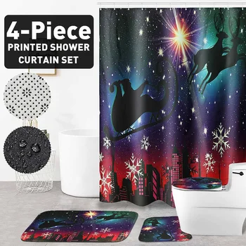 

4pcs/set Christmas elk Shower Curtain Carpet Cover Toilet Cover Bath Mat Pad Set Bathroom Curtain Bath Mats Home Christmas Decor