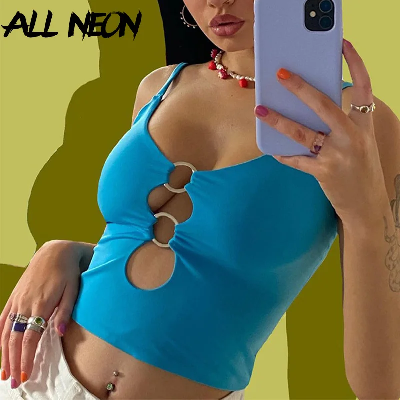 ALLNeon Y2K эстетичные ажурные зеленые Топы на бретельках 2000s модные летние