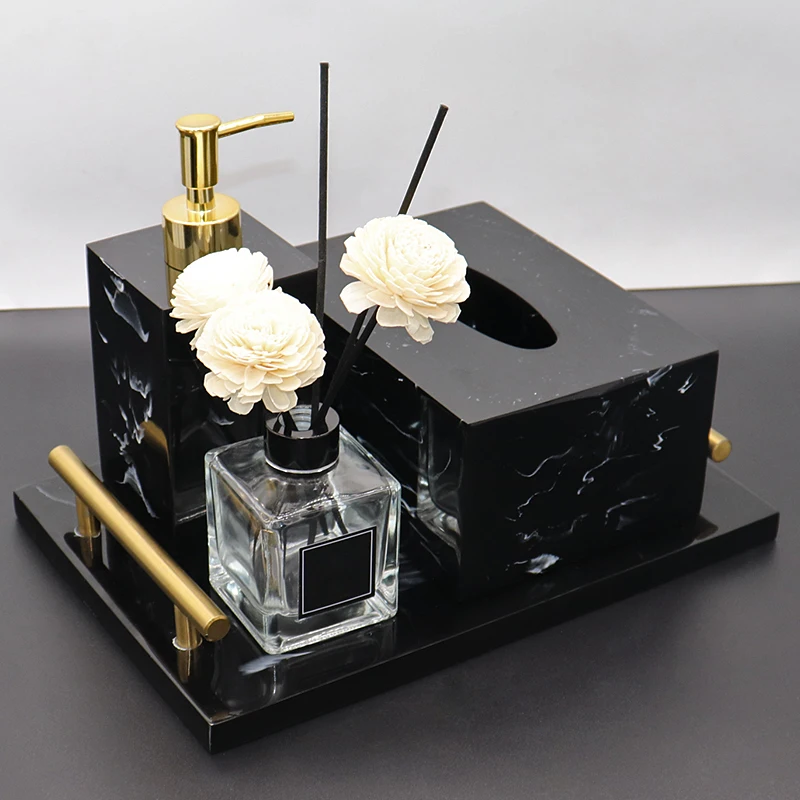Black Marble Pattern Resin Bathroom Set Storage Tray Toothbrush Holder Kit Liquid Soap Dispenser Hotel Bathroom Supplies Toothpi