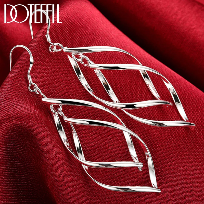 DOTEFFIL 925 Sterling Silver Geometric Surround Twist Drop Earrings For Women Wedding Engagement Jewelry