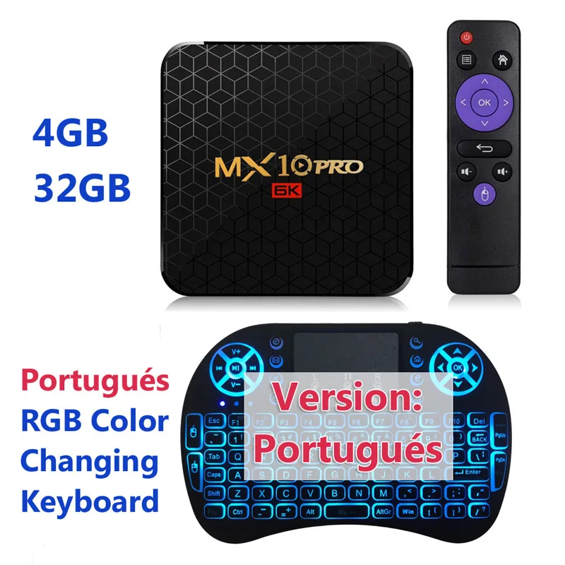 Box and Keyborad Pt Смарт ТВ приставка Android 9,0 видео медиаплеер MX10 Pro 4GB 32GB 4K HD изображение 6K 2,4G Wifi 100M LAN пульт дистанционного управления телеприставка 4 - Цвет: Box and Keyborad Pt