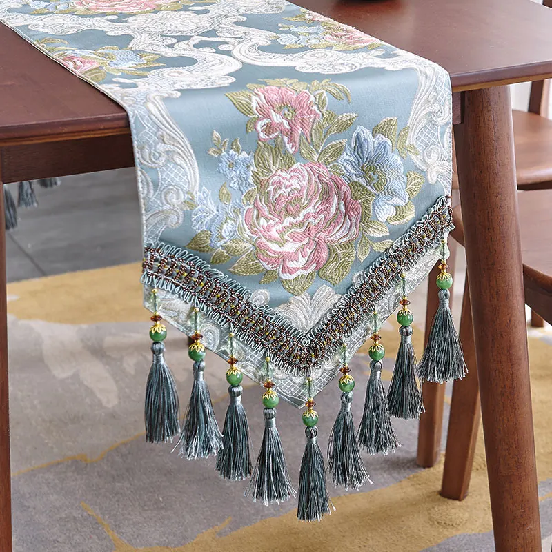 

Classic European Luxury Table Runner Vintage Jacquard Tassel Table Runner TV Cabinet Cover Cloth Coffee Tables Cloth Decoration