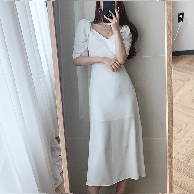 Geumxl V-neck Slim Waist Women Dress Elegant Puff- Sleeve White Female