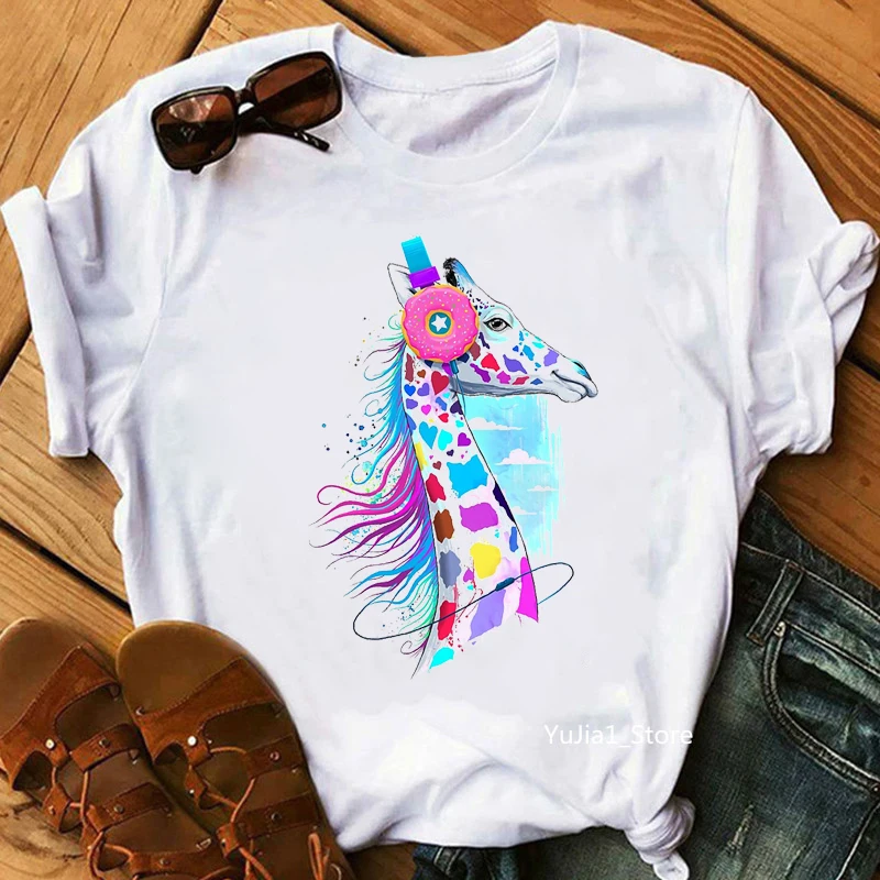 

Watercolor Giraffe Wearing Donut Headphones Listening To Music Print T-Shirt Women'S Clothing Funny White Tshirt Femme Tops