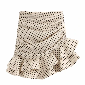 

Women Cascading Ruffles Polka dots asymmetrical pleated skirt faldas mujer ladies back zipper vestidos Chic mini skirts QUN558