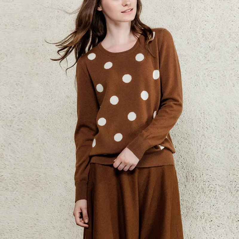

Women Simple Autumn Sweater Warm Long Sleeve Cute Dot Print Casual Loose Round Collar Sweaters