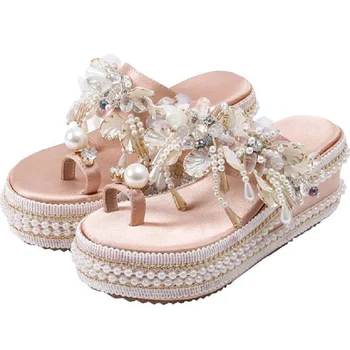 

Women's Slippers Summer New Handmade Custom Fringe Pearl Flower Women's Sandals Wedge Thick-soled Comfortable Sandals