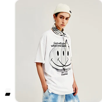 

VIMASS Men's Women's T-Shirt Letters Dark Harajuku Wave Print Cartoon Smiley Funny Short Sleeve T-Shirt
