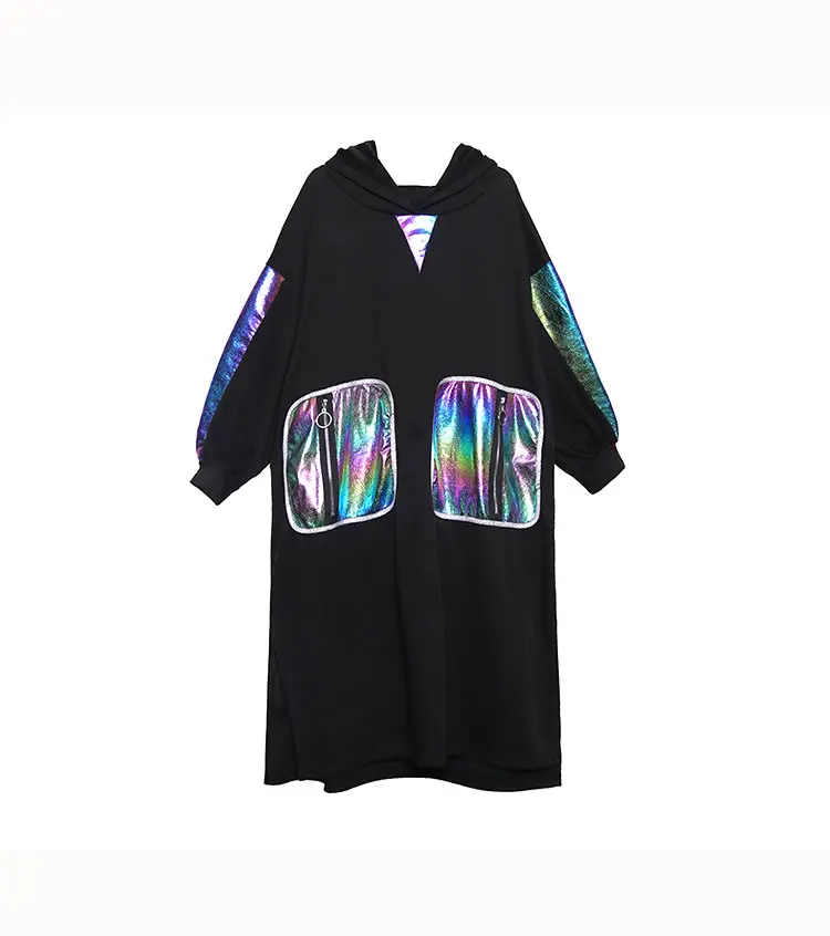 XITAO Tide Patchwork Bright Silk Pocket Dress Women Clothes Zipper Hooded Collar Full Sleeve Autumn and Winter New GCC2607