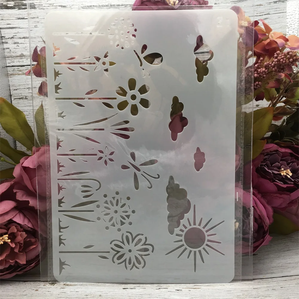 1Pcs 26*17cm Sun Cloud Plants DIY Layering Stencils Wall Painting Scrapbook Coloring Embossing Album Decorative Card Template | Канцтовары