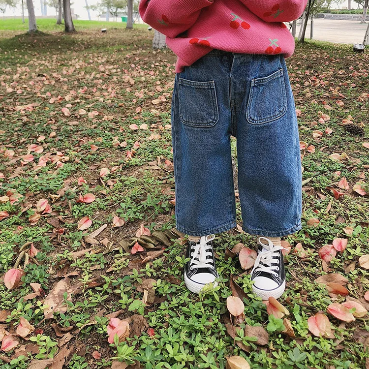 Осень-зима, модные однотонные свободные джинсовые штаны для девочек, детские свободные джинсы с карманами, От 1 до 7 лет