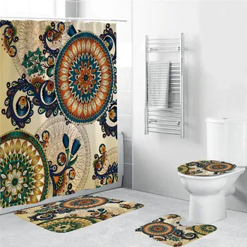 

4PCS Mandala Turquoise Shower Curtain Set for Bathroom Abstract Floral Bath Curtain with Mat Rug Carpet Home Decor Gift
