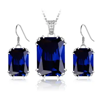

Jewellery Set For Women Real 925 sterling silver Vintage Pendant Earrings Set Rectangle Gemstones Fine Jewelry For Wedding Gift