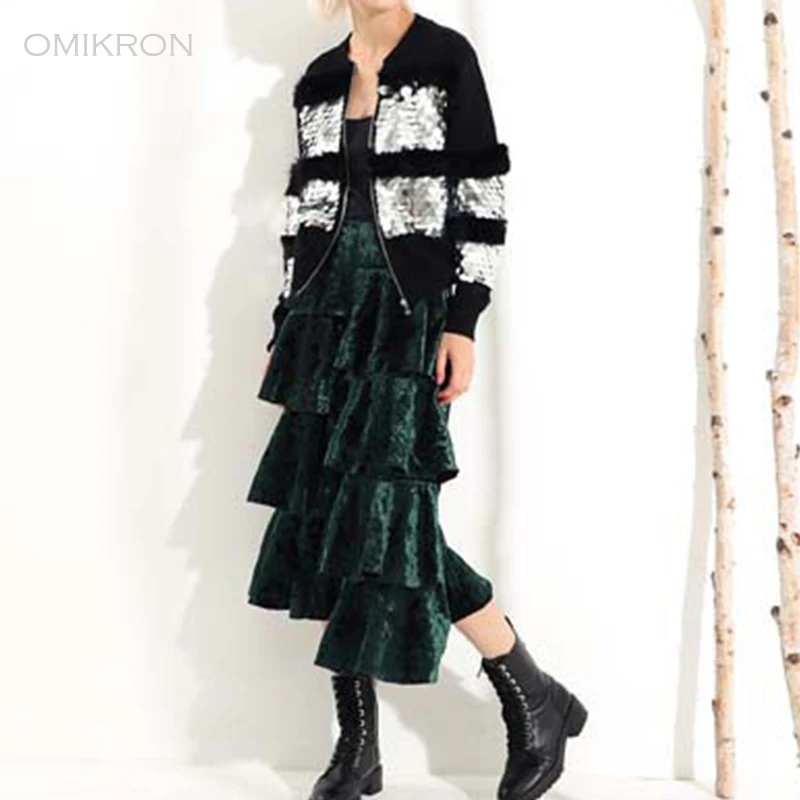 OMIKRON New Fashion Elegant Ruffle Irregular Maxi Velvet Skirt Autumn Women Boho High Waist Pleated Long Skirt Saias Longas
