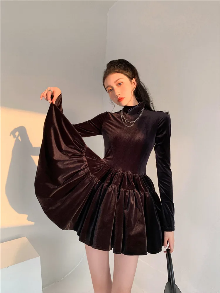 Women's French Retro Black Velvet Mini Dresses Trendy Bow Turtleneck 2021 Winter Female Elegant Slim High Waist Ball Gown Dress 3