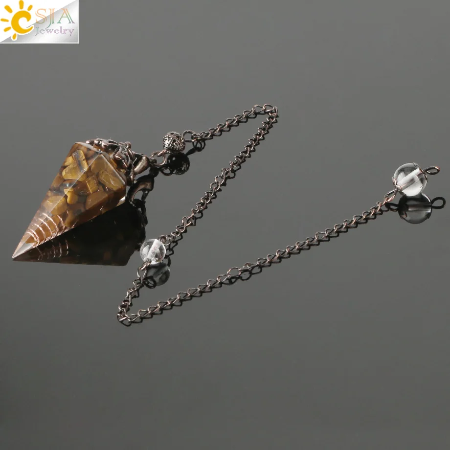 Tiger Eye CSJA рейки натуральный чип подвеска в виде каменного маятника Античная Медная цепь шестигранный конус полимерный кулон для придавая гадания Wicca Pendule G321 - Окраска металла: Tiger Eye