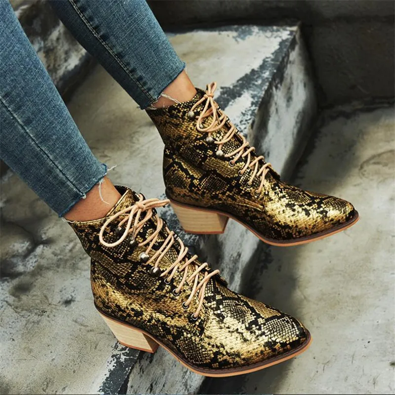 

Winter Women Boots Pu Leather Snake Gold High Heel Point Toe Platform Female Motorcycle Shoes Ladies Pumps Zapatos Mujer
