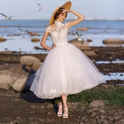 Pure White High Neck Bow Tea Length Tulle Dress Elegant Applique Lace Evening Dress Cap Sleeve Party Gown For Women 2022