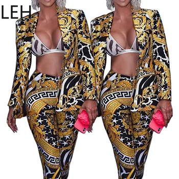 

Women Two Piece Outfits Elegant Blazer and Long Dress Pants Sets Classy OL Workwear Vintage Printed Ladies Outfits