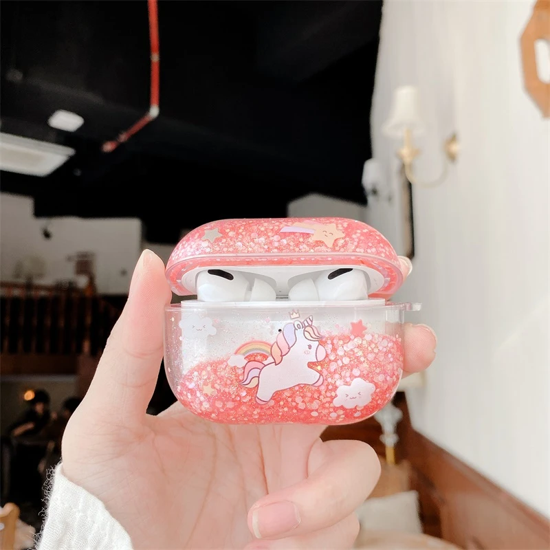 

Cute Cartoon Unicorn Bling glitter liquid Quicksand case For Airpods Case Transparent Earphone Cases For Airpods Pro case Cover