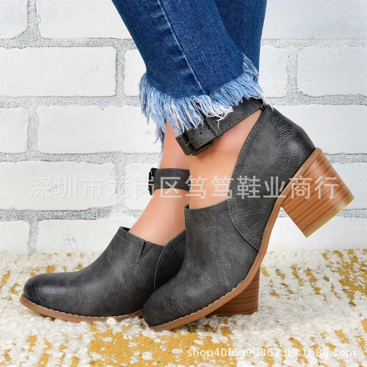 

Separate Station Hot Selling Chunky-Heel Low-Cut Straight Line Buckle Women's round-Toe Versatile Comfortable Shoes