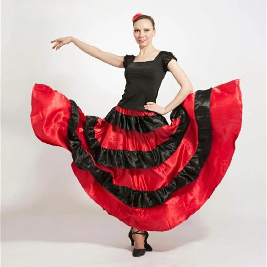 Для взрослых и детей, для девочек, испанское фламенко, юбка для женщин, Цыганские девушки, костюмы для танца живота, детские красные, черные, в полоску, большое свободное платье