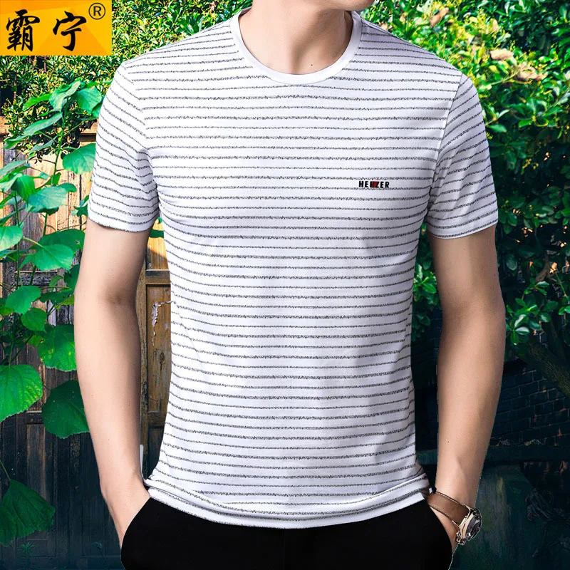 

2019 Summer New Style Light Luxury Quality Stripes Short Sleeve T-shirt Men Casual Cooling Mulberry Silk T-shirt