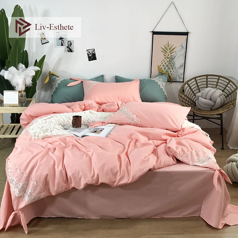 

Liv-Esthete Luxury 100% Silk Lace Bedding Set Silky Printed Duvet Cover Soft Flat Sheet Double Queen Bed Linen For Beauty Girl