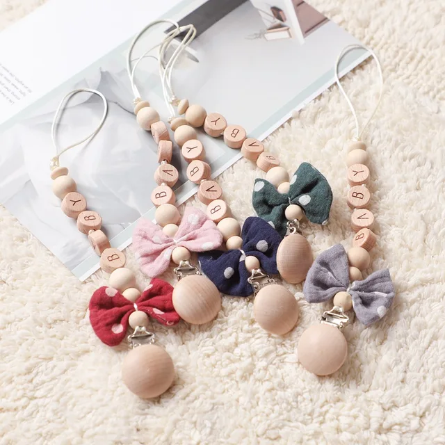 1PC Baby Pacifier Chains Cotton Custom Pacifier Chain Name Wood Nipple Holder Personalized Alphabet Beads Baby Teething Chain 6