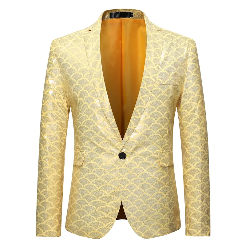 Мужской пиджак золотого цвета с бронзовым принтом, модный Блейзер на одной пуговице, мужские вечерние блейзеры