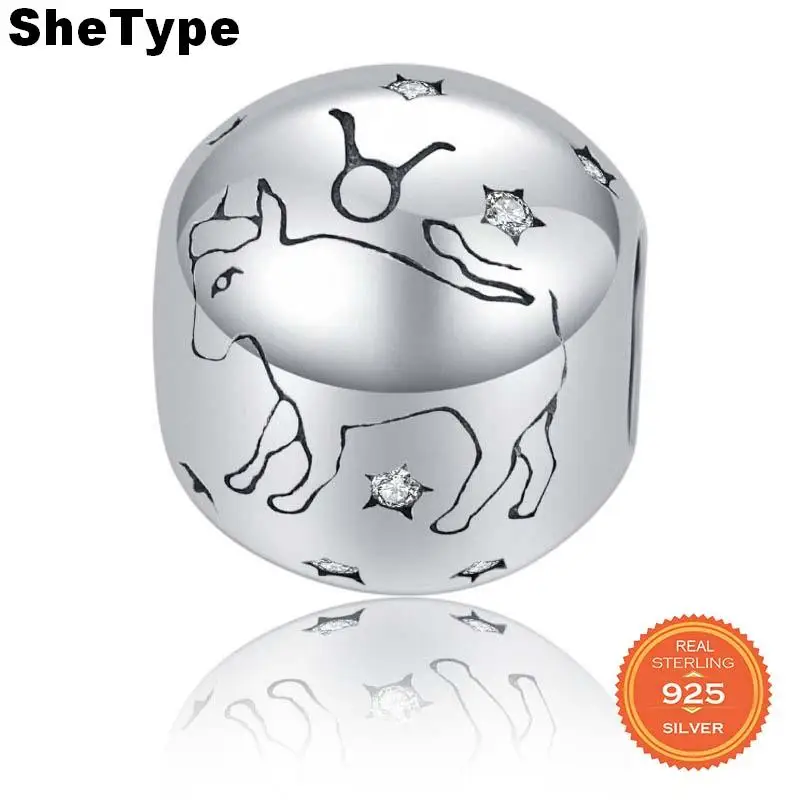 

SheType 2.8g Water Sign Constellation Round Beads for Women Jewelry Making Taurus Clear Star Charm 925 Solid Sterling Silver