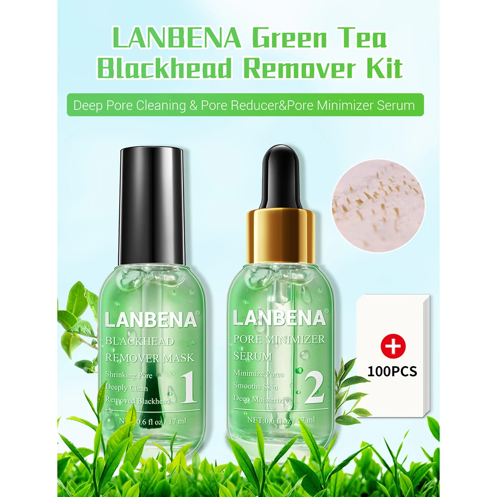 LANBENA набор для удаления черных точек зеленого чая маска для удаления черных точек и минимайзер пор сыворотка и 100 шт. полоски для удаления черных точек
